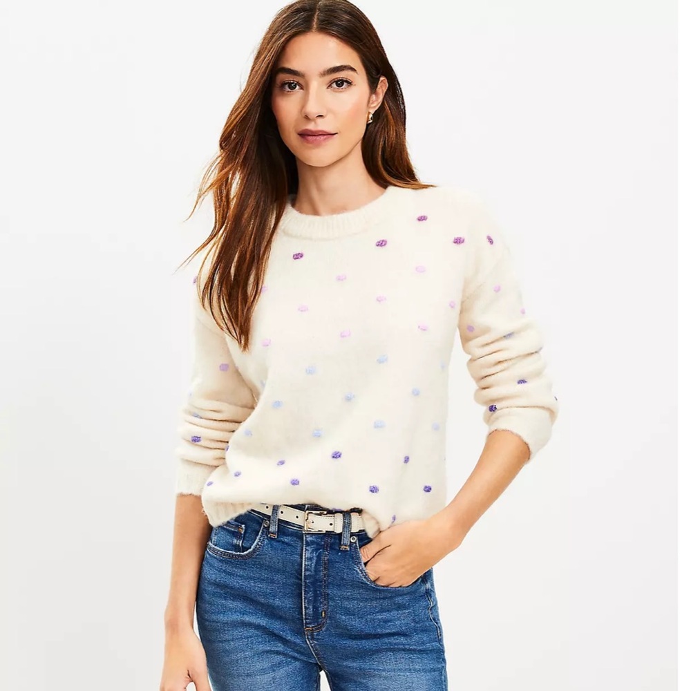 NWT Loft Ivory and Colorful Bobble Crewneck Sweater